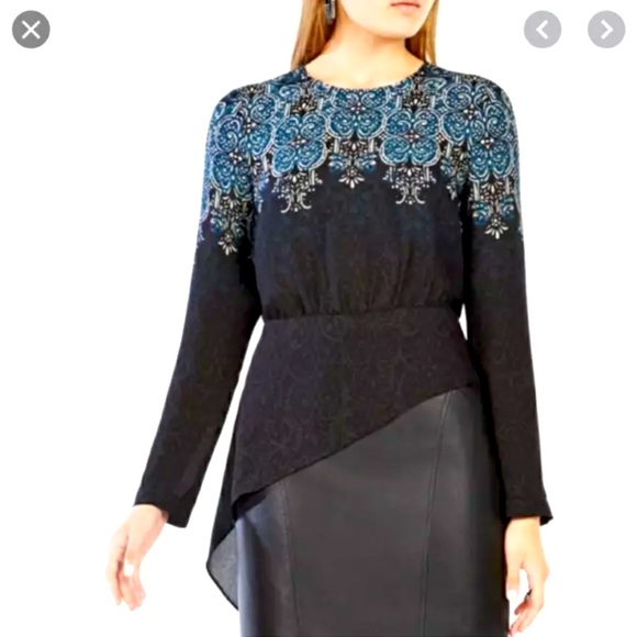 BCBGMaxAzria Tops - BCBG Maxazria Eugenie High Low Hem Scroll Print Georgette Blouse Size Medium